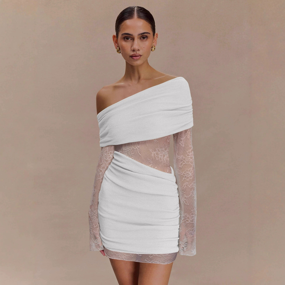 Zara Fall Winter Long Sleeve One Shoulder Bodycon Pleated Mini Dress